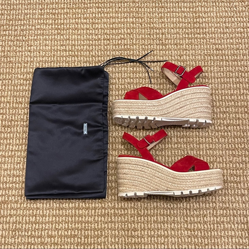 Prada Red Suede Espadrille Platform Sandals - Picture 10 of 11
